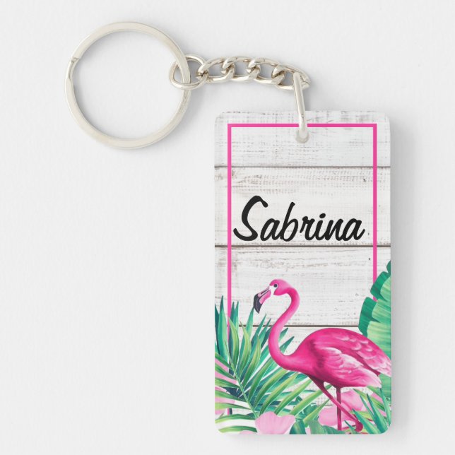 Llavero Flamingo tropical floral nombre personalizado play (Frente)