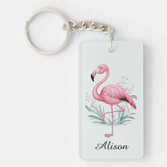 Llavero Flamingo y flores personalizadas (Frente)