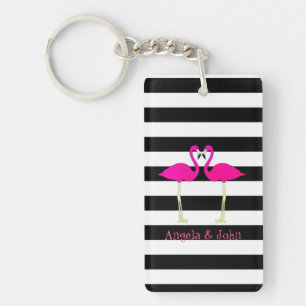 Llavero Flamingos Rosas, Rayas Negras y Blancas Personaliz