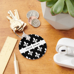 Llavero Fleur de Lis, Blanco sobre Negro, Blanco, Tu Nombr