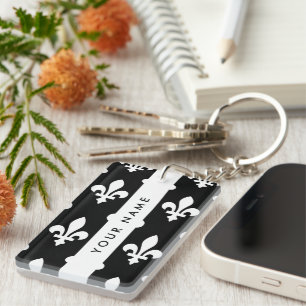 Llavero Fleur de Lis, Blanco sobre Negro, Blanco, Tu Nombr