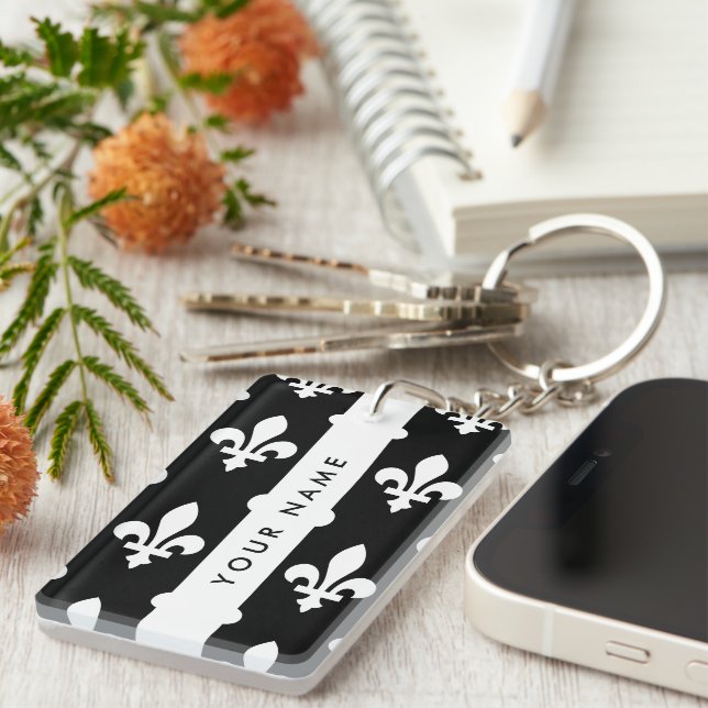 Llavero Fleur de Lis, Blanco sobre Negro, Blanco, Tu Nombr (Frente Derecha)