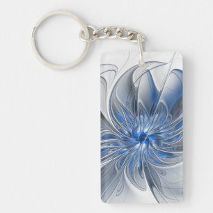 Llavero Flor abstracta de arte fractal acuarela azul gris