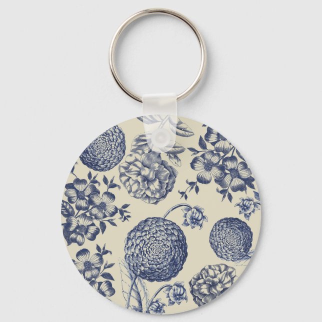 Llavero Flor azul anticuada impresa floral (Anverso)