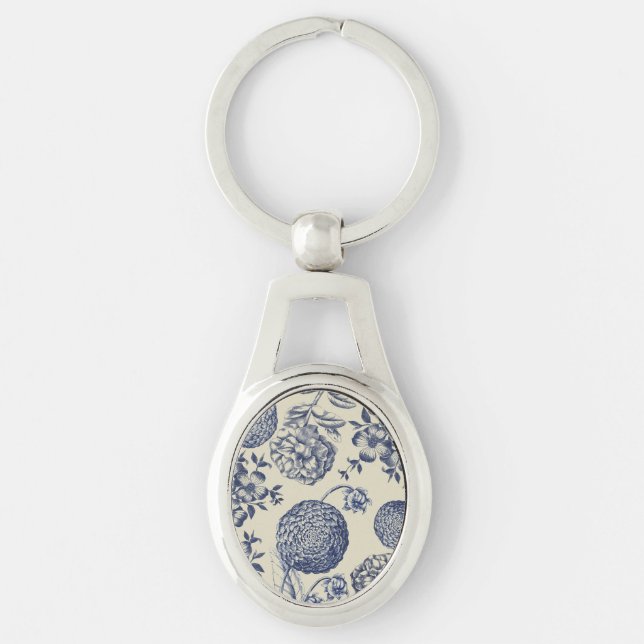 Llavero Flor azul anticuada impresa floral (Anverso)