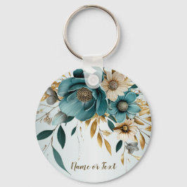 Llavero Flor Blanca Turquesa Hojas Doradas Elegante