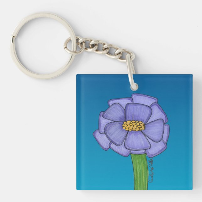 Llavero Flor Cuadrada Morada con fondo Azul (Frente)