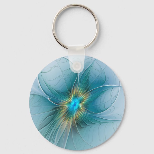 Llavero Flor de Arte Fractal de Oro Azul Pequeña Belleza (Anverso)