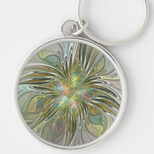 Llavero Flor De Arte Fractal Moderno Con Oro