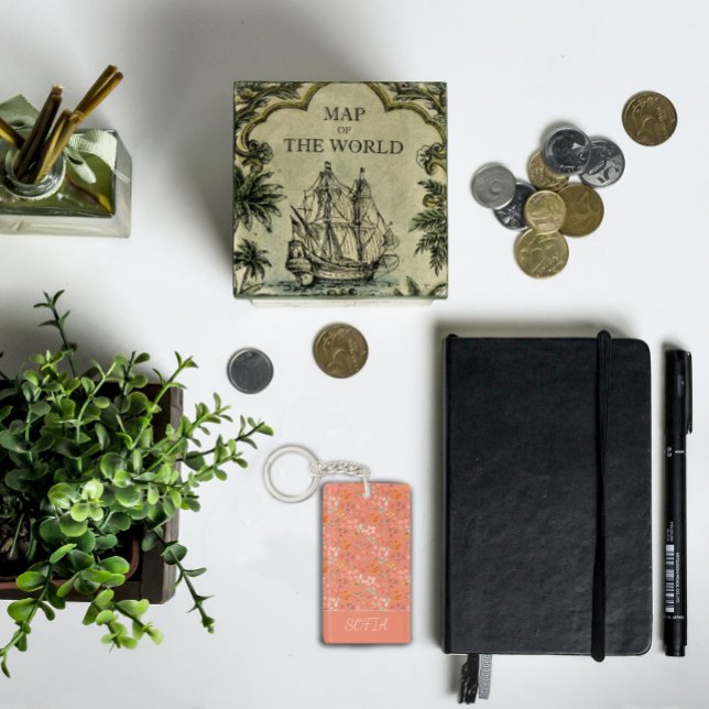 Llavero Flor de Boho acuarela patrón nombre naranja amaril (Subido por el creador)