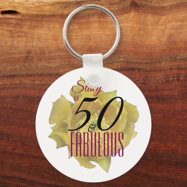 Llavero Flor de cactus amarilla 50 y fabuloso cumpleaños (Anverso)