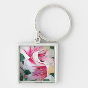 Llavero Flor de flores de lirio blanco y rosa acuarela art