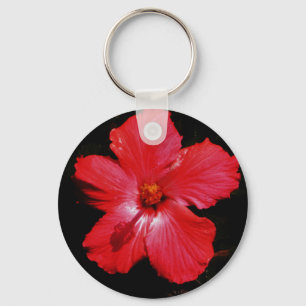Llavero Flor de Hibiscus rojo rosado caliente en negro