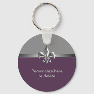 Llavero Flor de lis de plata personalizada de la berenjena