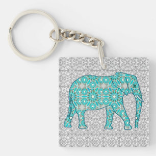 Llavero Flor de mandala elefante - turquesa, gris y blanco