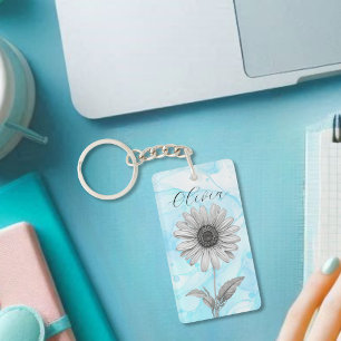 Llavero Flor de margarita azul Personalizado delgada