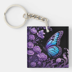 Llavero Flor de mariposa azul y púrpura