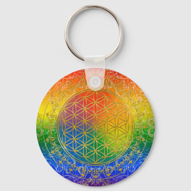 Llavero Flor de vida - Oro ornamento arcoiris (Anverso)