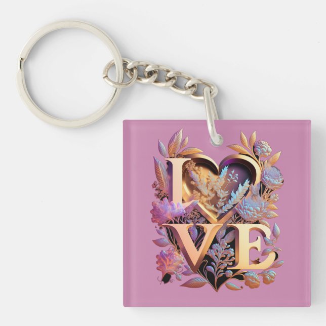 Llavero Flor elegante, corazón y amor dorado (Frente)