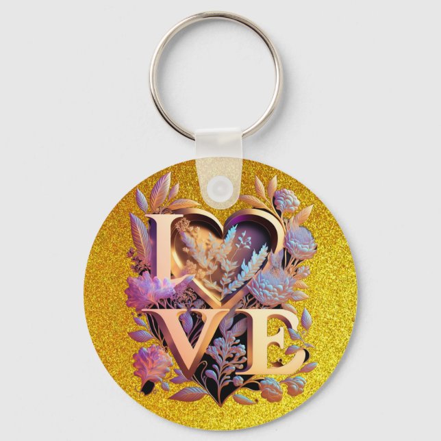 Llavero Flor elegante, corazón y amor dorado (Anverso)