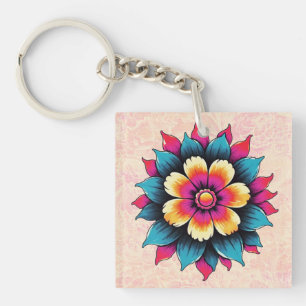 Llavero Flor Estilizada en Amarillo, Rosa y Azul Vibrante 