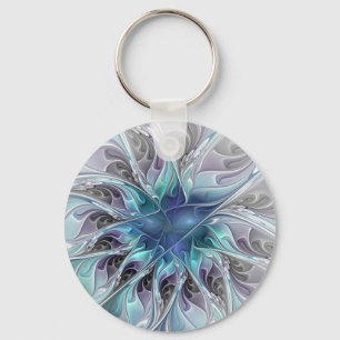 Llavero Flor Fractal Moderna Con Azul