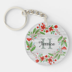 Llavero Flor Roja Wreath Rustic Personalizada 