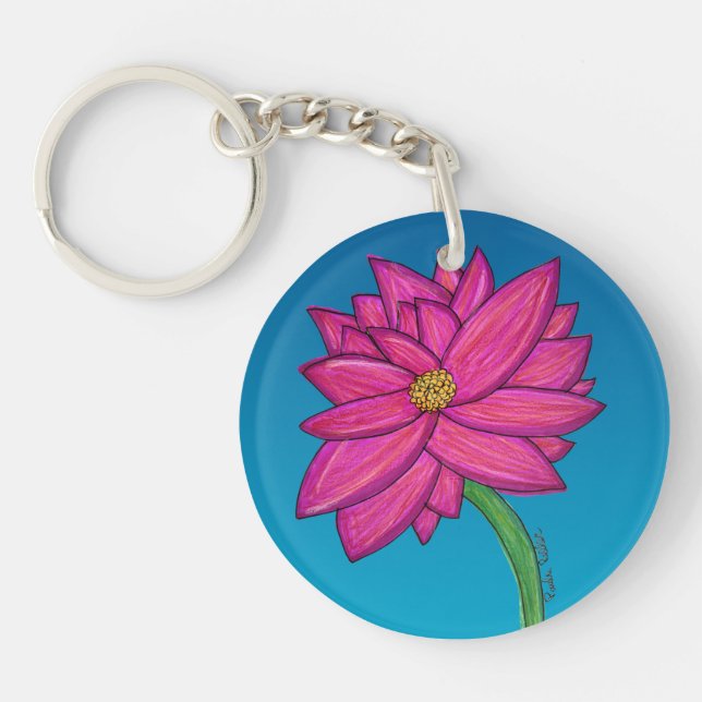 Llavero Flor rosa fucsia con fondo azul (Frente)