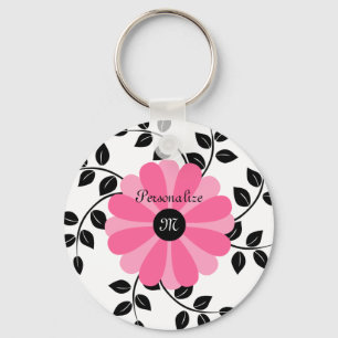 Llavero Flor Rosa Y Negra Moderna Monogramada Con Nombre