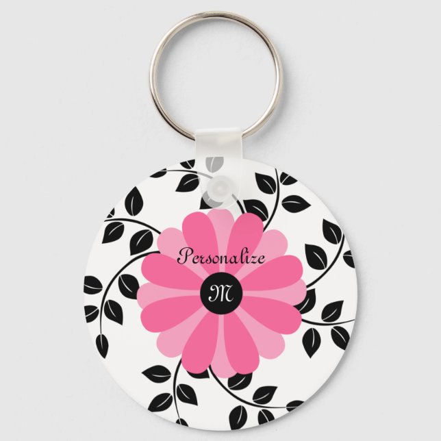 Llavero Flor Rosa Y Negra Moderna Monogramada Con Nombre (Anverso)