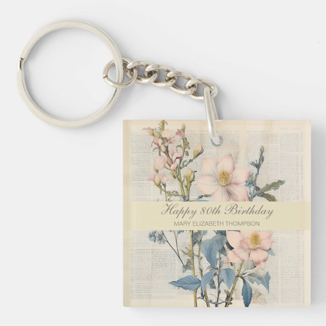 Llavero Flor silvestre vintaqe botánica 80º cumpleaños (Frente)