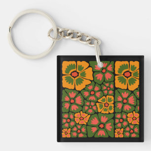 Llavero Floral Abstracto Moderno Verde y Naranja