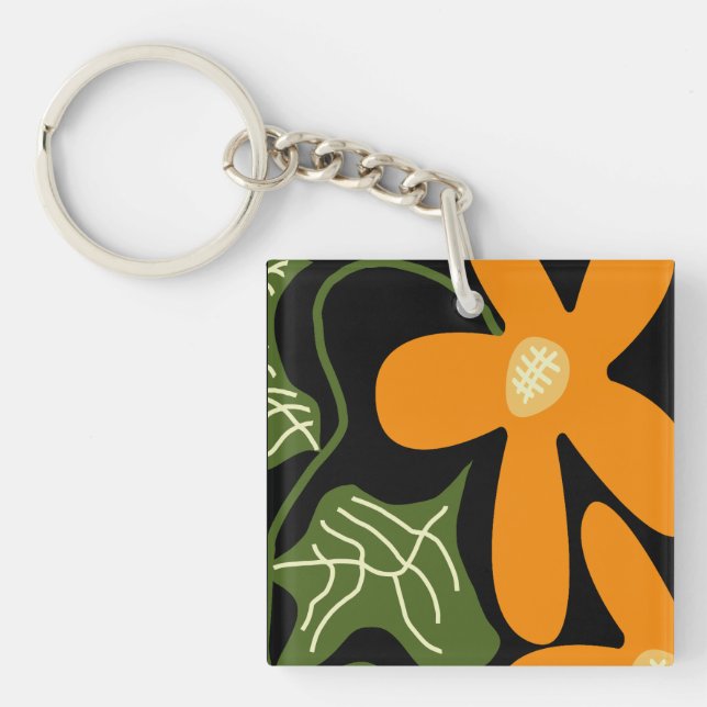Llavero Floral Abstracto Moderno Verde y Naranja (Frente)