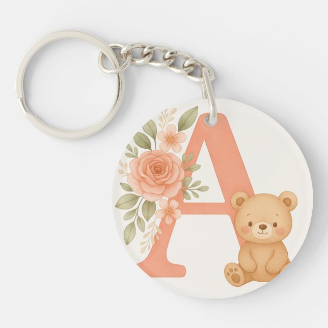 Llavero Floral Alphabet A Keychain – Cute Bear  (Frente)