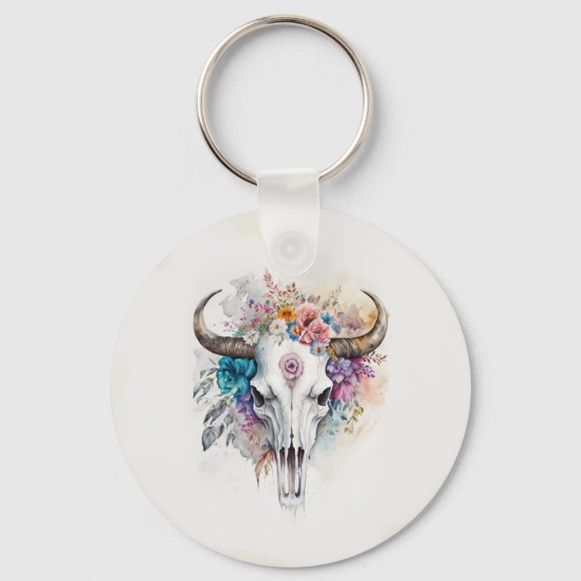 Llavero Floral Bull Skull Watercolor Art (Anverso)