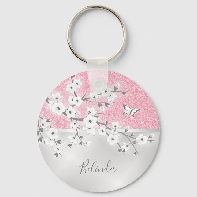 Llavero Floral Cherry Blossoms Pink Glitter Monogram (Anverso)