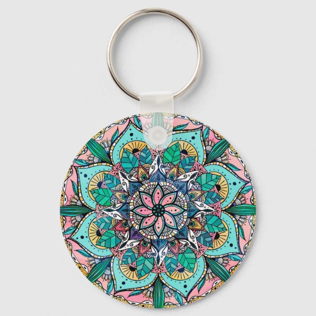 Llavero Floral de color de agua colorida Boho Mandala (Anverso)