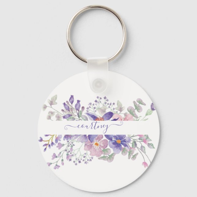 Llavero Floral de color rosa y púrpura personalizada (Anverso)