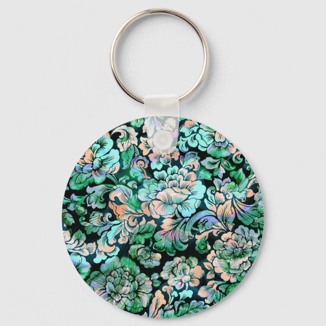 Llavero Floral de esténcil en verde y melena (Anverso)