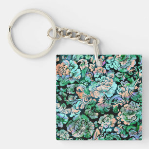 Llavero Floral de esténcil en verde y melena
