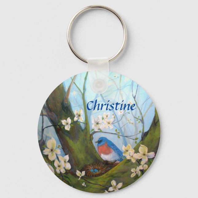 Llavero Floral de pájaro azul personalizada (Anverso)
