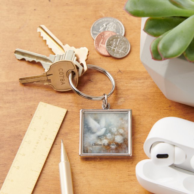 Llavero Floral de Paloma de Boda - Personalizable (Escritorio )