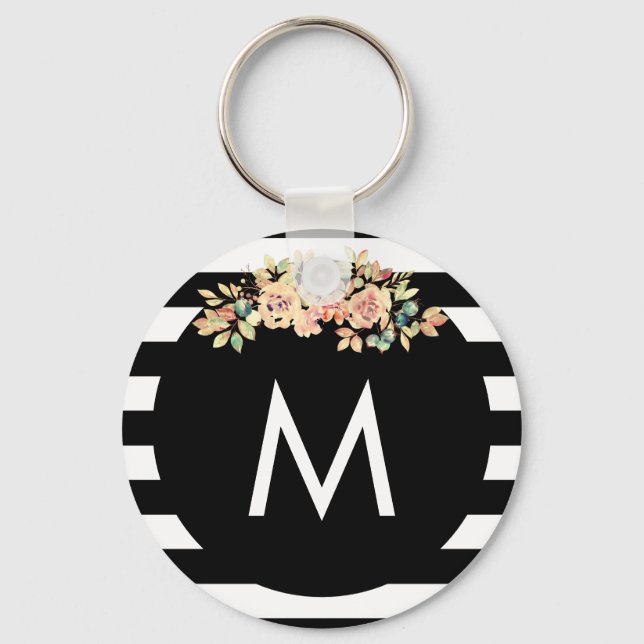 Llavero Floral de rayas negras monogramada (Anverso)