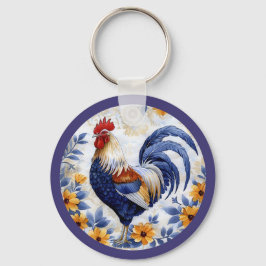 Llavero Floral Dorado Gallo Azul Estilo Granja