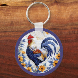 Llavero Floral Dorado Gallo Azul Estilo Granja