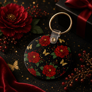 Llavero Floral Glam Rosas Rojas Mariposa Dorada
