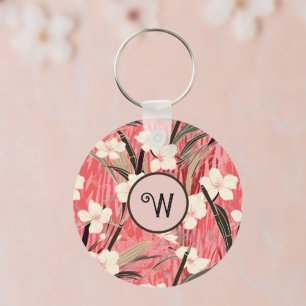 Llavero Floral Japonesa en Rosa Salmón Blanco Rojo con Ini