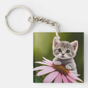 Llavero Floral lindo gato gris