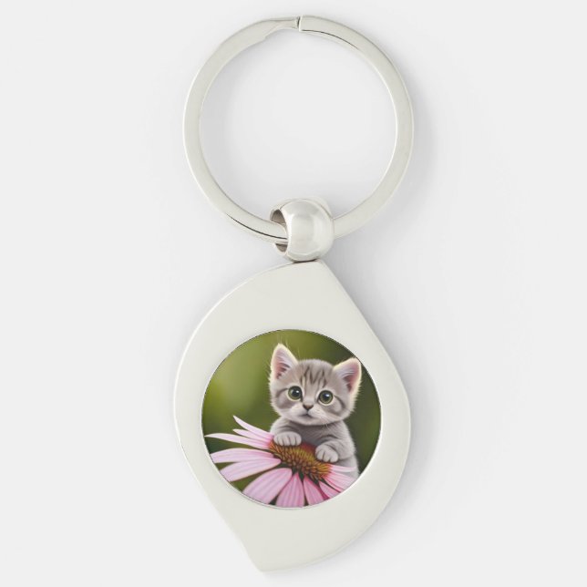 Llavero Floral lindo gato gris (Anverso)
