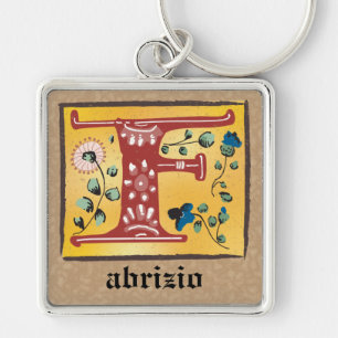 Llavero Floral medieval cuadrada iluminada F Monograma